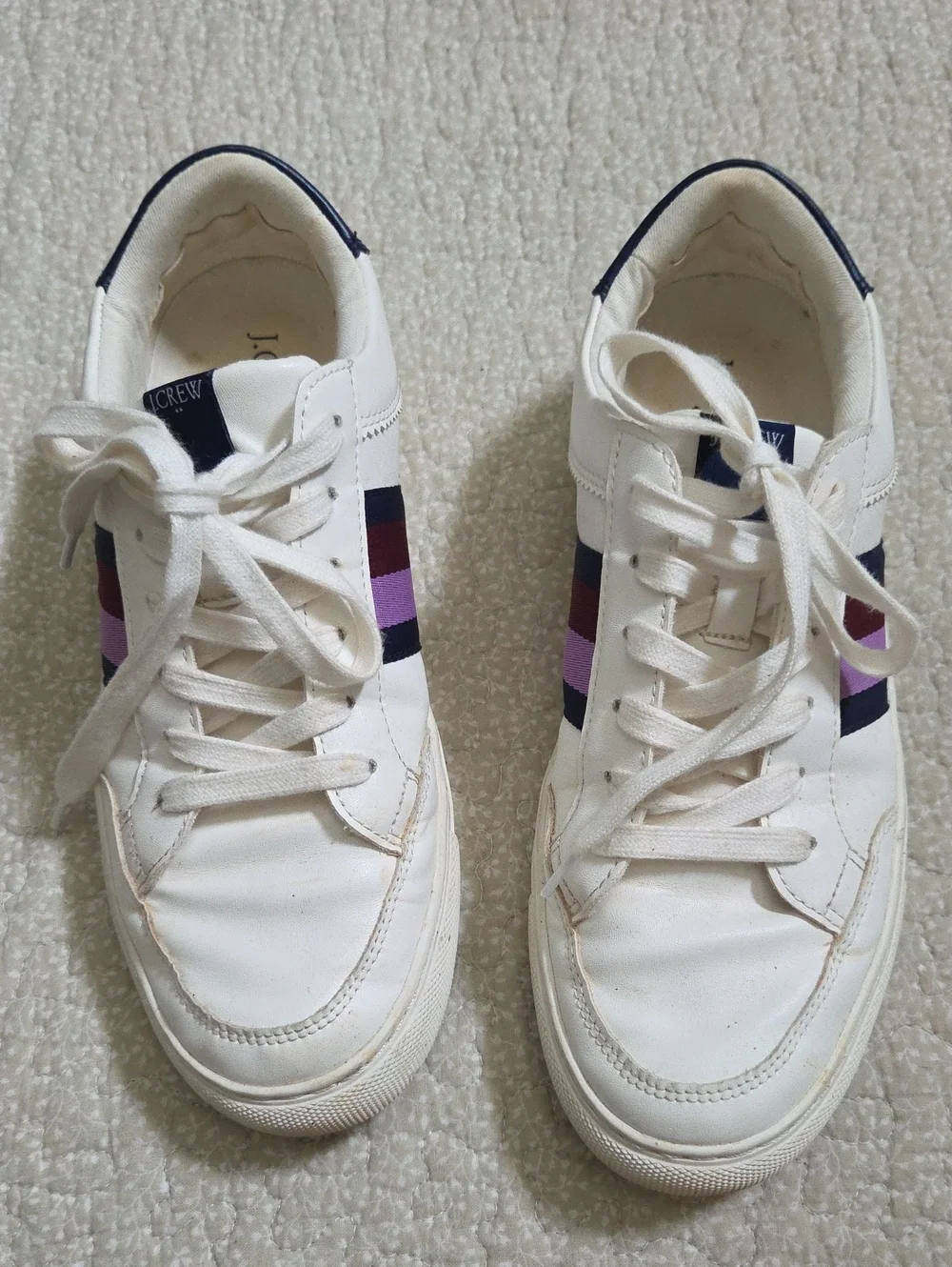 J. Crew White Leather Sneakers with Navy & Purple Stripe Accents 9.5